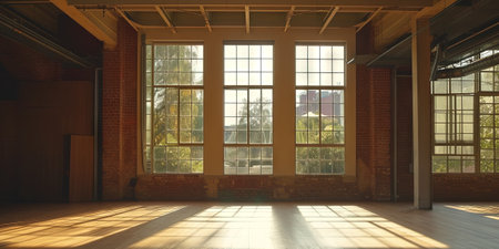 3d render of empty room with large windows in a loft styleの素材