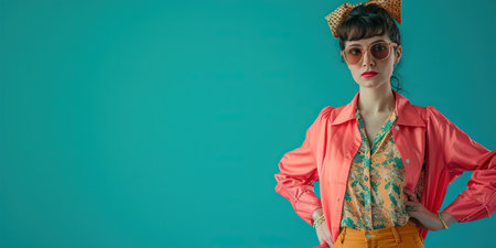 stylish pin-up girl in pink jacket and sunglasses on blue backgroundの素材