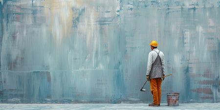 Construction worker in hard hat and overalls on the background of blue wallの素材