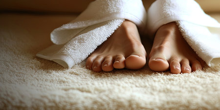 Feet of a young woman with pedicure on a towelの素材