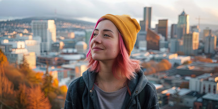 Portrait of a young woman with pink hair on the background of the cityの素材