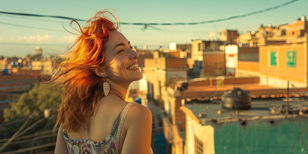 Beautiful girl with red hair on the background of the city.の素材