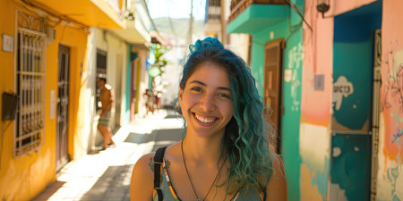 Portrait of a beautiful young latin woman with turquoise hair smiling at the camera.の素材