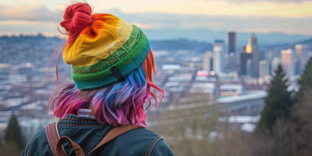 Young hipster woman with colorful hair in the city at sunset.の素材