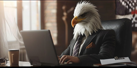Businessman with a bald eagle head sitting at his desk and working on a laptopの素材