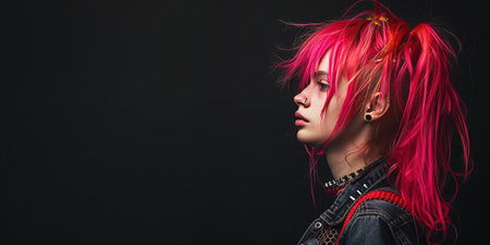 Portrait of a young punk girl with pink hair on a black backgroundの素材