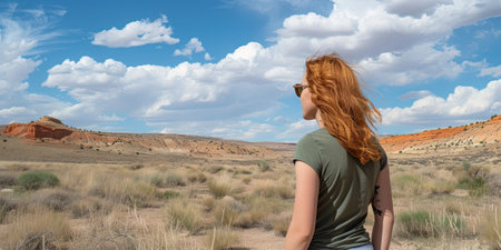 Red-haired girl in a T-shirt in the desert.の素材
