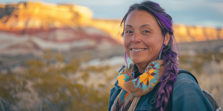 Beautiful woman with pink dreadlocks in the mountains at sunset.の素材