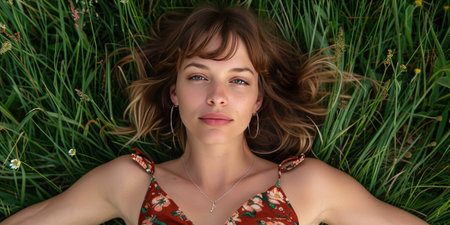 Portrait of a beautiful girl lying on the grass in the park.の素材