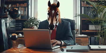 Horse in a suit and tie working on a laptop at the officeの素材
