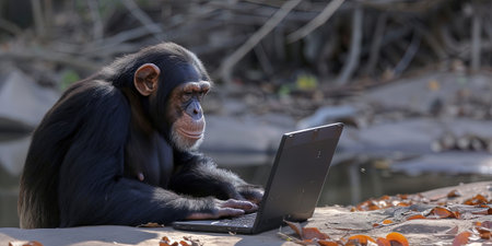 Chimpanzee sitting on the bank of a river and working on a laptopの素材
