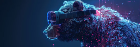 3D rendering of a bear wearing virtual reality glasses against a dark backgroundの素材