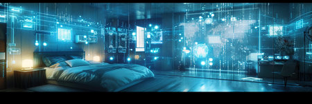 Composite image of 3D rendering of a room with blue lightsの素材