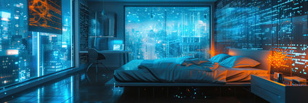 3d rendering of a modern bedroom with neon lights and a bedの素材