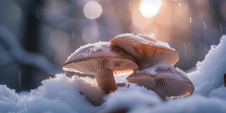 Mushrooms in the snow in winter forest. Shallow depth of fieldの素材