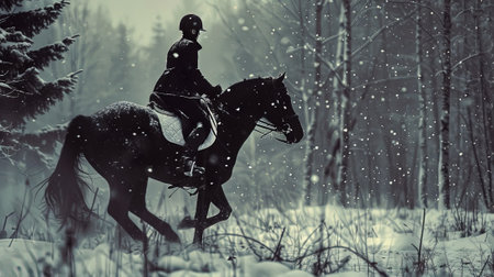 Horseback rider in winter forest. Equestrian sport.の素材