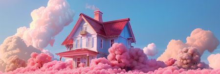 Beautiful house with pink clouds and blue sky. 3d renderingの素材
