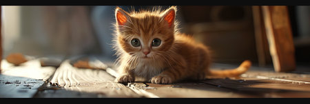 Cute ginger kitten sitting on a wooden floor and looking at the cameraの素材