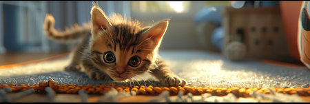 Cute tabby bengal kitten playing with dry food.の素材