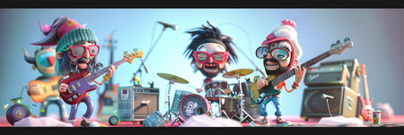 Group of rock musicians playing music on stage. 3d illustration.の素材