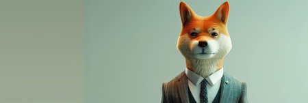 Shiba Inu dog in a business suit on a gray backgroundの素材