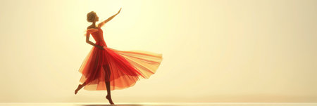 Young ballerina in a red tutu dancing on a studio background.の素材