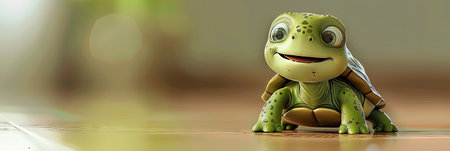 3d rendering of a little turtle sitting on the floor and smilingの素材