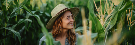 panoramic shot of smiling woman in straw hat looking away in corn fieldの素材