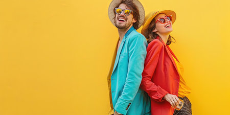stylish young couple in sunglasses and hats smiling at camera on yellowの素材