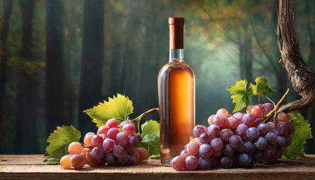 Bottle of wine and bunch of grapes on wooden table in vineyardの素材