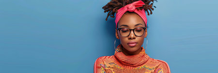 beautiful african american woman in eyeglasses and headscarfの素材