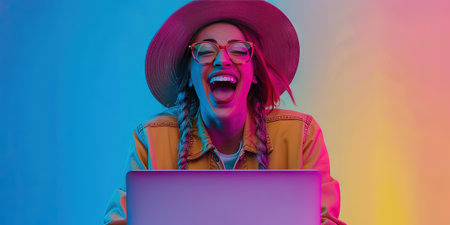 Surprised african american woman with curly hair using laptop on blue backgroundの素材