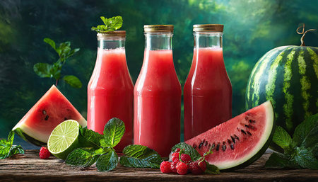 Watermelon smoothie in a bottle with fresh berries and mint on wooden tableの素材
