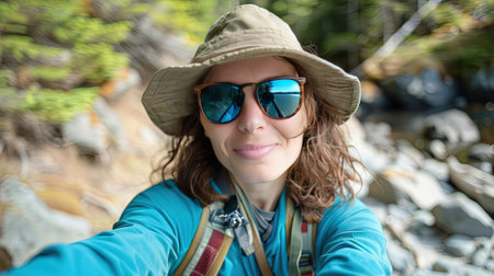 Portrait of a young woman hiker taking a selfie in the mountainsの素材