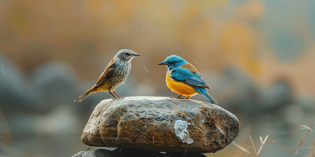 Couple of Blue-throated Thrush bird sitting on a rock in the rainの素材