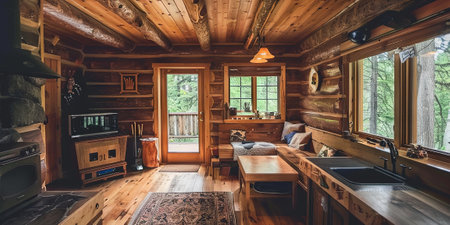Interior view of a rustic country house with wooden furniture.の素材
