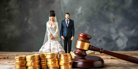 law concept. Bride and groom with judge gavel and golden coinsの素材