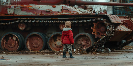 A little boy in a red jacket stands near an old rusty tank.の素材