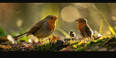 Robin and her chicks sitting on a mossy branch with blurred backgroundの素材