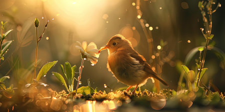 Cute Little Bird in the garden with soft focus on nature backgroundの素材
