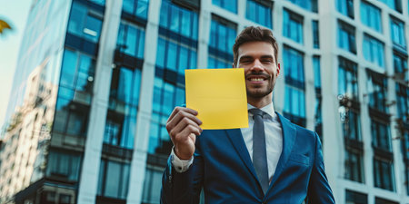 smiling businessman holding yellow post it and looking at camera in cityの素材