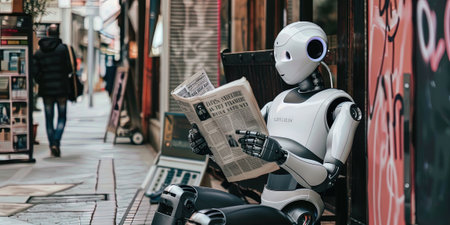 A robot reading a newspaper in Tokyo, Japan.の素材