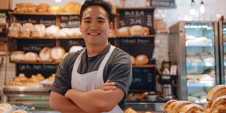Portrait of smiling asian male staff standing with arms crossed in bakeryの素材