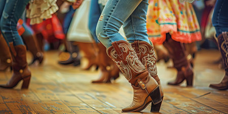 Detail of women's legs in cowboy boots on a stage.の素材