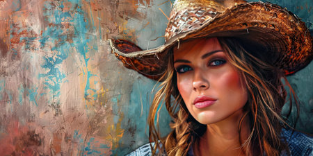 Beautiful young woman in cowboy hat. Portrait of a beautiful girl in a cowboy hat.の素材