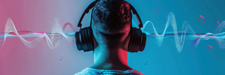 Young man listening to music with headphones. Multicolored background.の素材