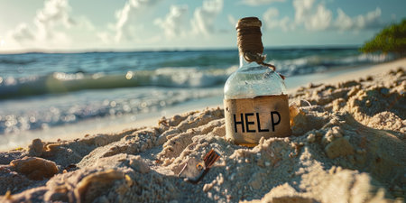 Message in a bottle on the beach. Conceptual image of helpの素材