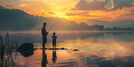 Father and son fishing in the lake at sunset. Concept of friendly family.の素材