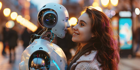Close up of a smiling girl looking at a robot in the cityの素材