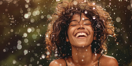 Portrait of beautiful young african american woman smiling under falling rain outdoorsの素材